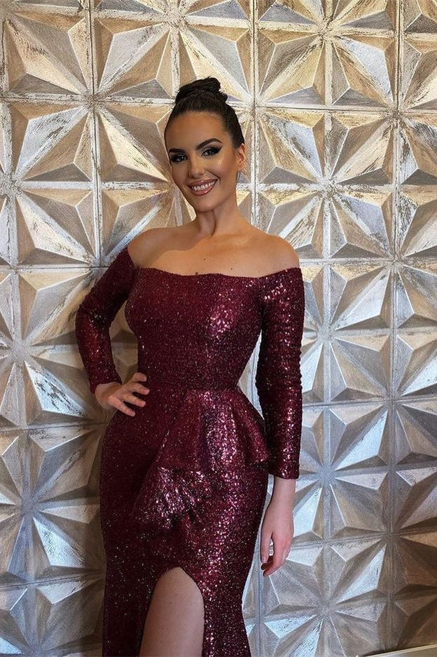 Glamorous Burgundy Sequined Mermaid Evening Dress with Long Sleeves and Slit-BallBride