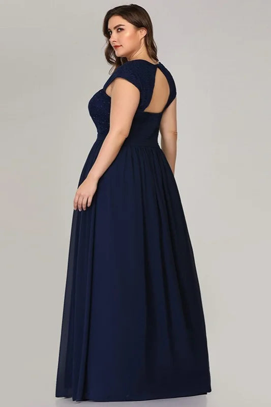 Glamorous Cap Sleeve Navy Evening Gowns Long Chiffon Lace Plus Size Prom Dress-BallBride