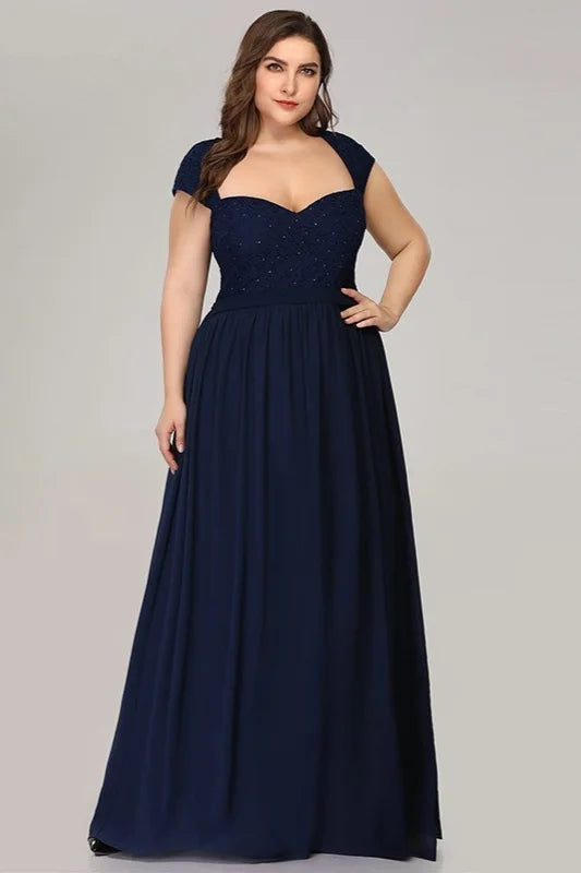 Glamorous Cap Sleeve Navy Evening Gowns Long Chiffon Lace Plus Size Prom Dress-BallBride