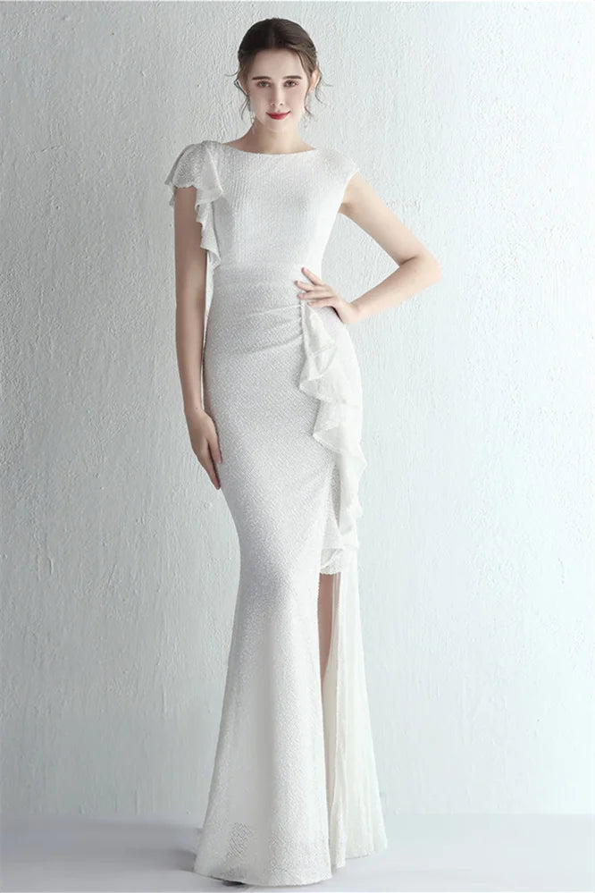 Glamorous Cap Sleeveless Mermaid Sequins Evening Gown Long With Split Ruffles-BallBride