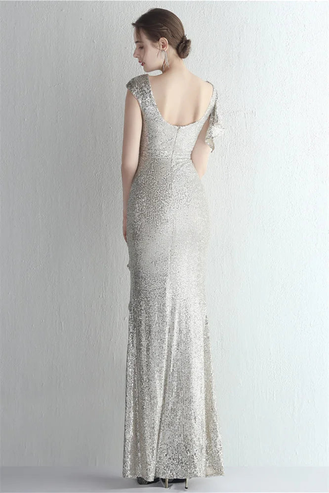 Glamorous Cap Sleeveless Mermaid Sequins Evening Gown Long With Split Ruffles-BallBride