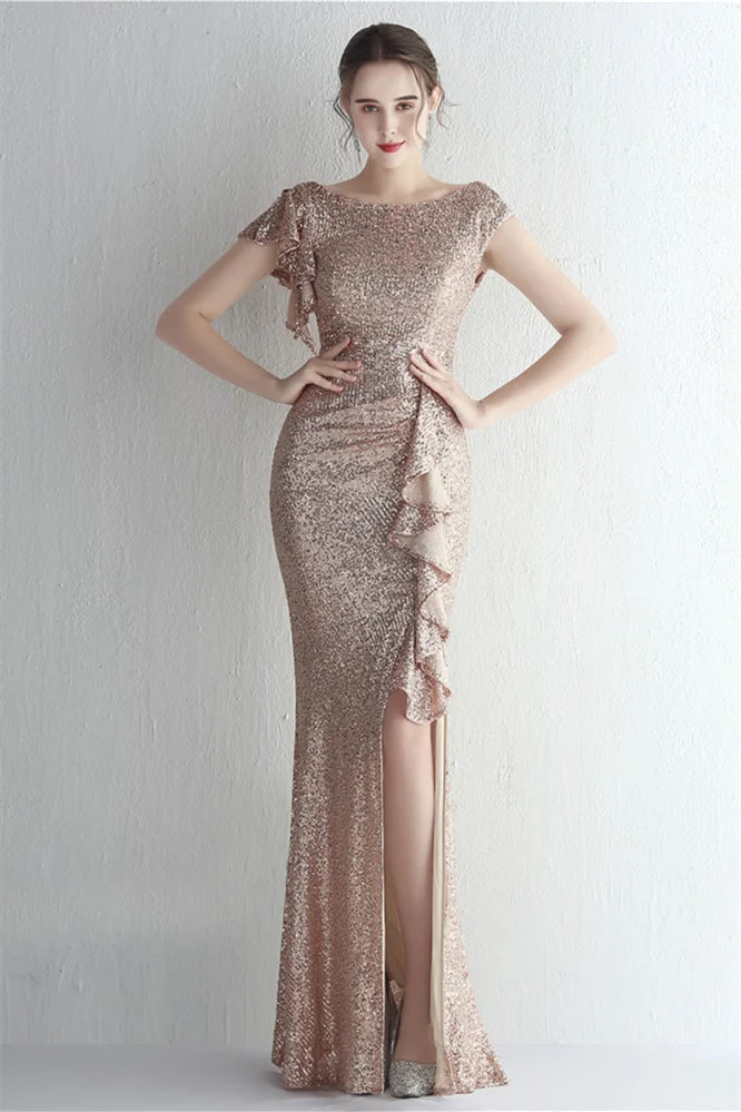 Glamorous Cap Sleeveless Mermaid Sequins Evening Gown Long With Split Ruffles-BallBride
