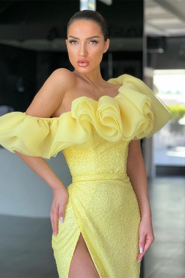 Glamorous Daffodil Long Mermaid Off The Shoulder Sequins Evening Formal Dress with Split-BallBride