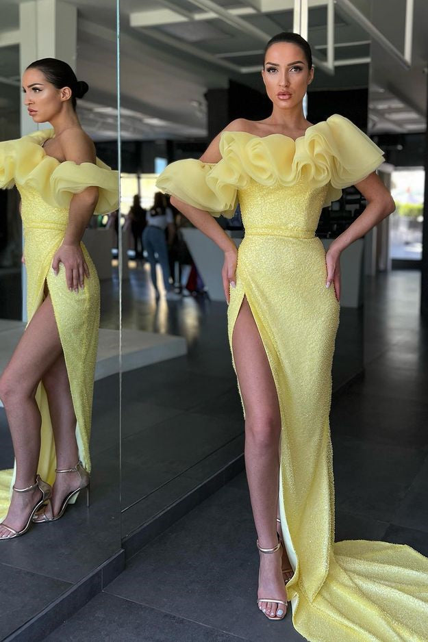 Glamorous Daffodil Long Mermaid Off The Shoulder Sequins Evening Formal Dress with Split-BallBride