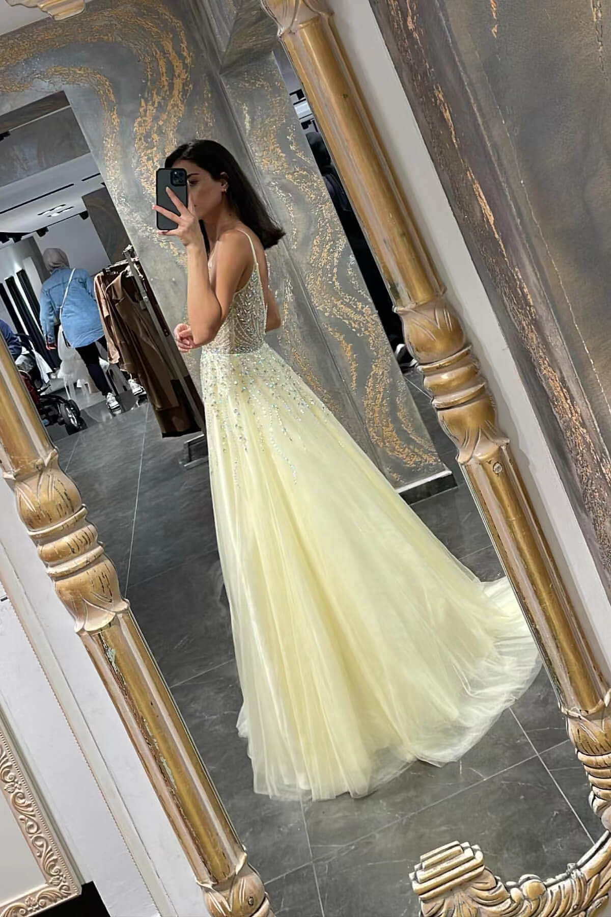 Glamorous Daffodil Tulle A-Line Prom Dress With Beadings-BallBride