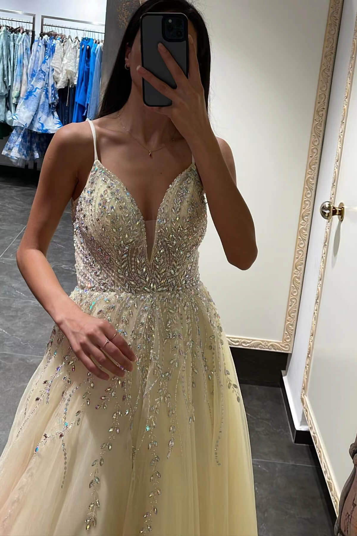 Glamorous Daffodil Tulle A-Line Prom Dress With Beadings-BallBride