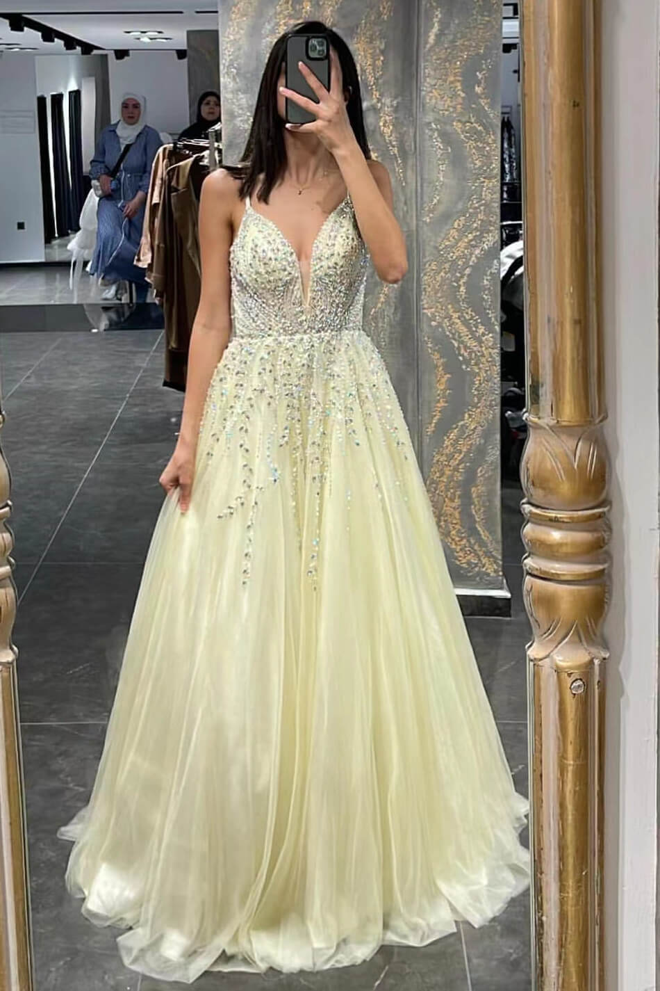 Glamorous Daffodil Tulle A-Line Prom Dress With Beadings-BallBride