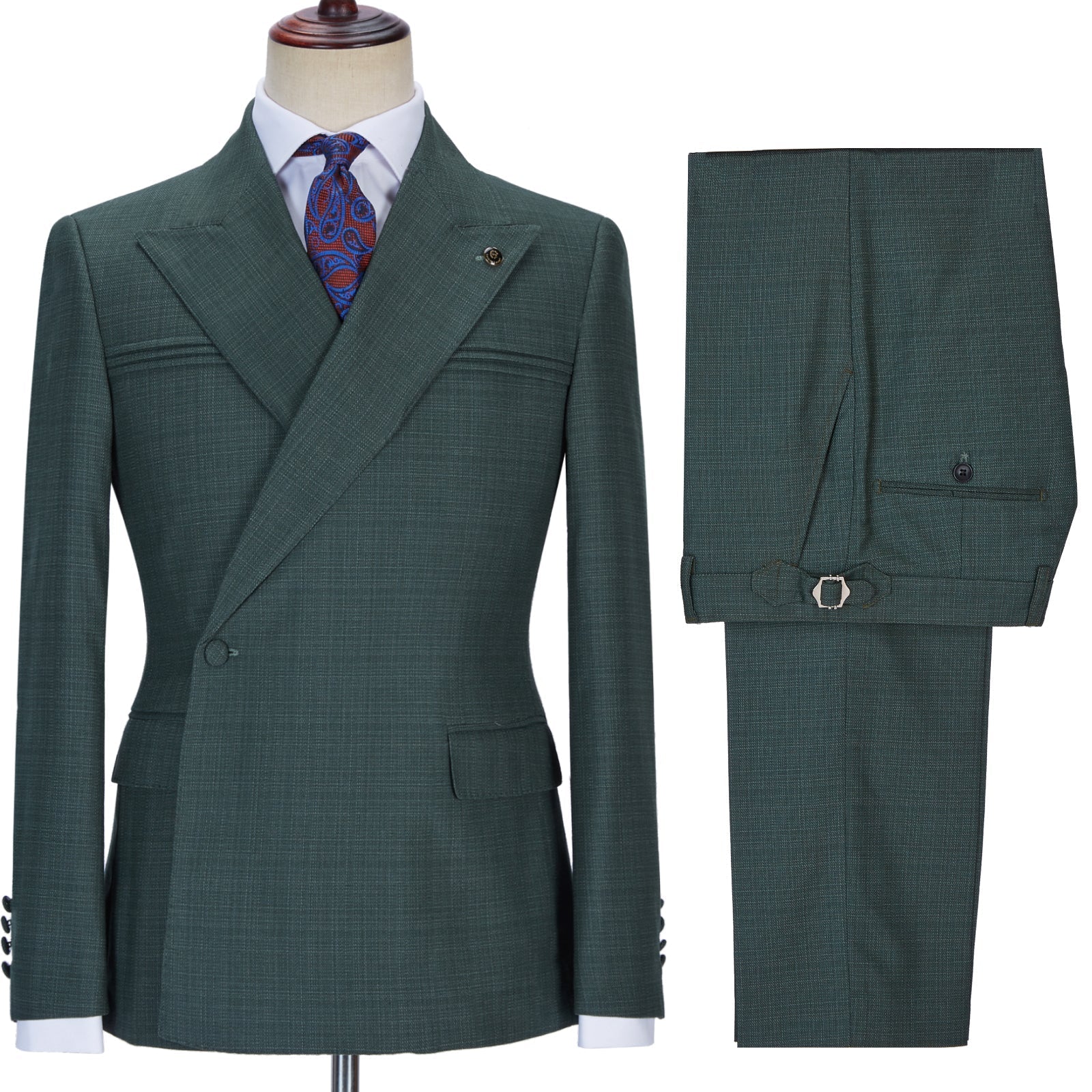Glamorous Dark Green Peaked Lapel Wedding Suit with Ruffles-BallBride