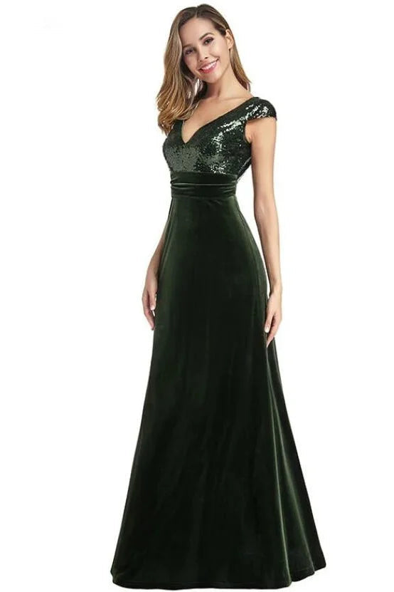 Glamorous Green Cap Sleeve Sequins Evening Gowns Mermaid V-Neck Prom Dresses-BallBride