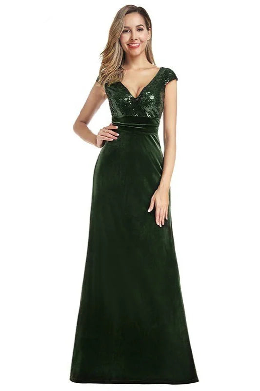 Glamorous Green Cap Sleeve Sequins Evening Gowns Mermaid V-Neck Prom Dresses-BallBride