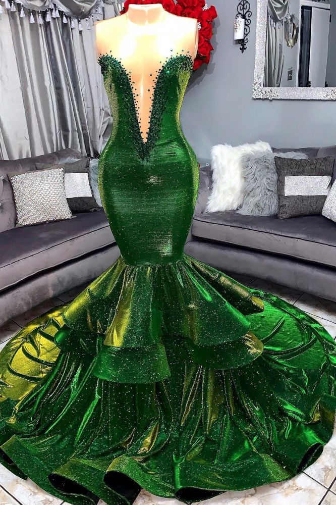 Glamorous Green Sequins Sheer Tulle Sleeveless Prom Dress with Beadings-BallBride