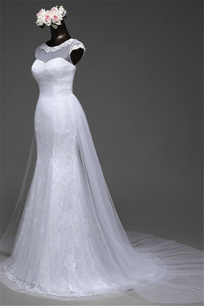Glamorous Jewel Lace Long Mermaid Wedding Dress with Tulle Overskirt-BallBride