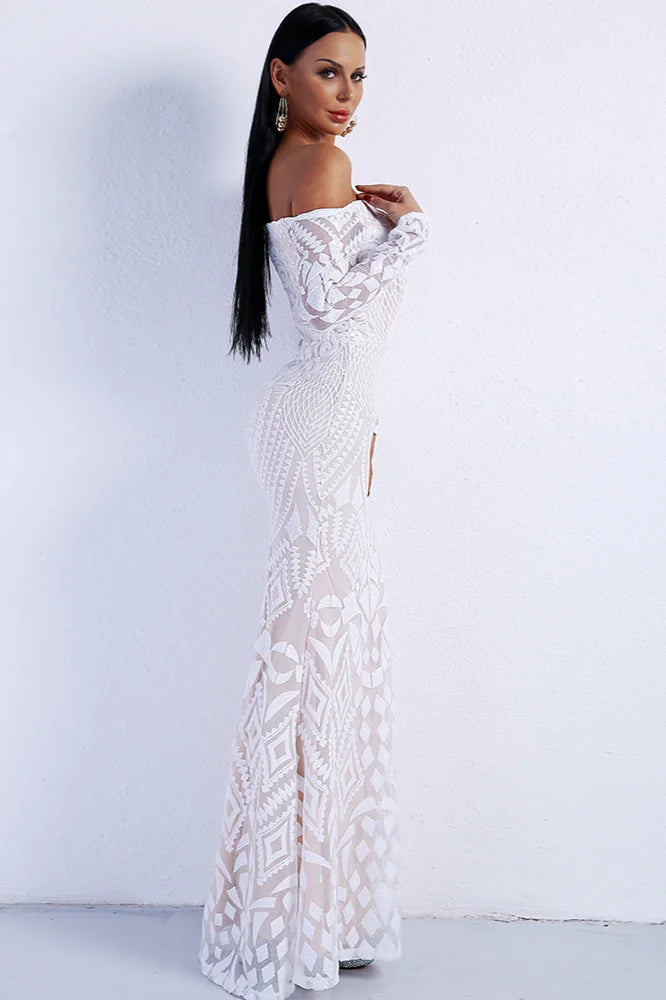 Glamorous Long Sleeve Mermaid Sequins Prom Dress Long Evening Party Gowns-BallBride