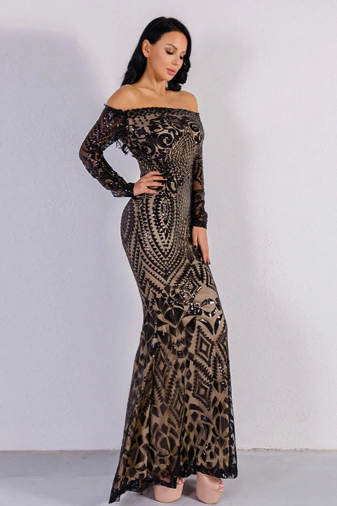 Glamorous Long Sleeve Mermaid Sequins Prom Dress Long Evening Party Gowns-BallBride