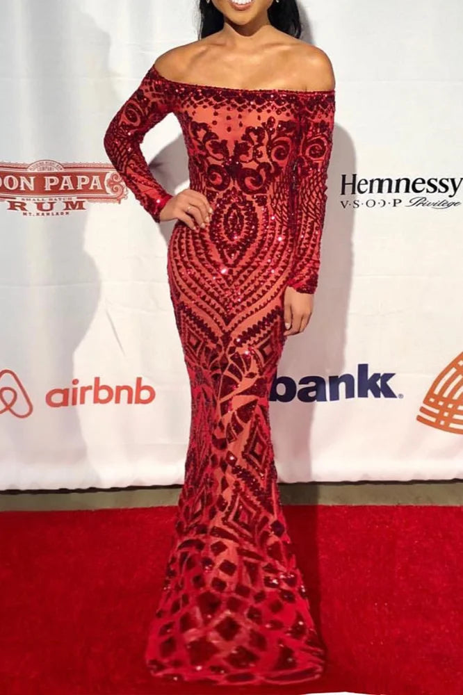 Glamorous Long Sleeve Mermaid Sequins Prom Dress Long Evening Party Gowns-BallBride