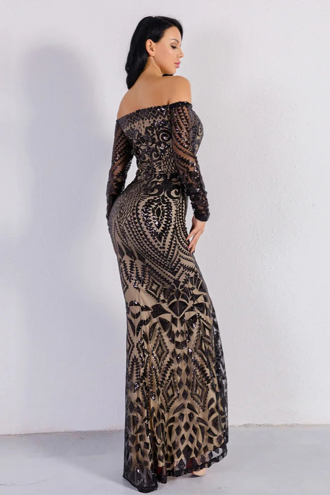 Glamorous Long Sleeve Mermaid Sequins Prom Dress Long Evening Party Gowns-BallBride