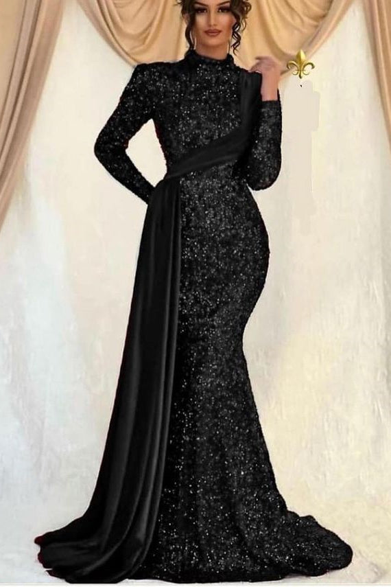 Glamorous Long Sleeves Prom Dress with Mermaid Sequins and Ruffles-BallBride