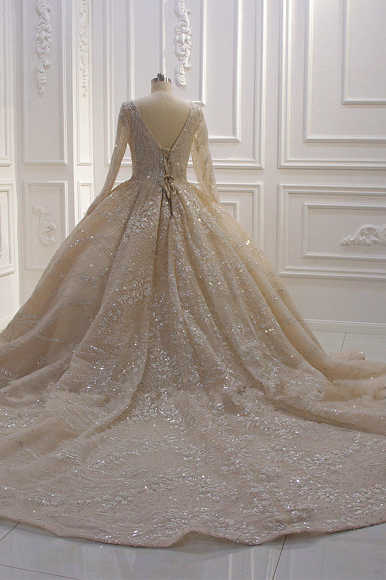 Glamorous Long Sleeves V-neck Ball Gown Wedding Dress With Sequins Beading Ruffles-BallBride