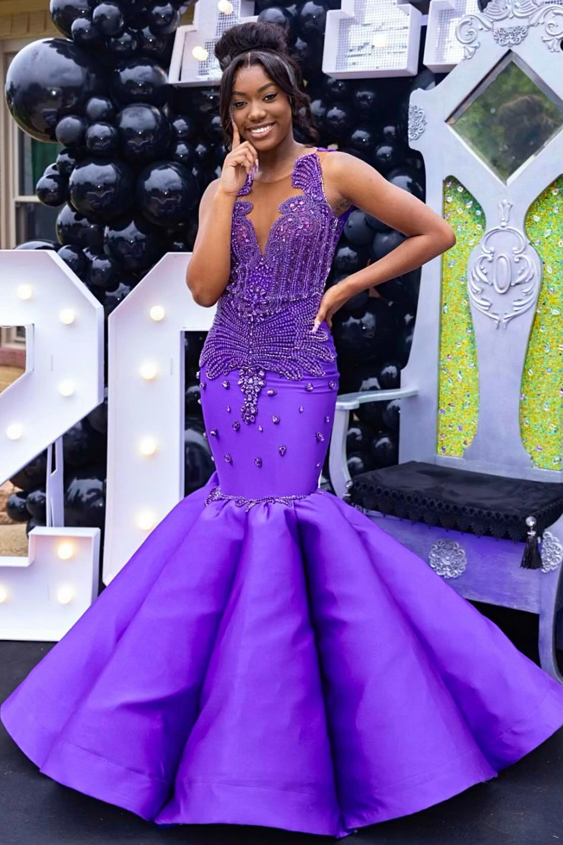 Glamorous Mermaid Purple Sleeveless Crystal Sexy Prom Dress-BallBride