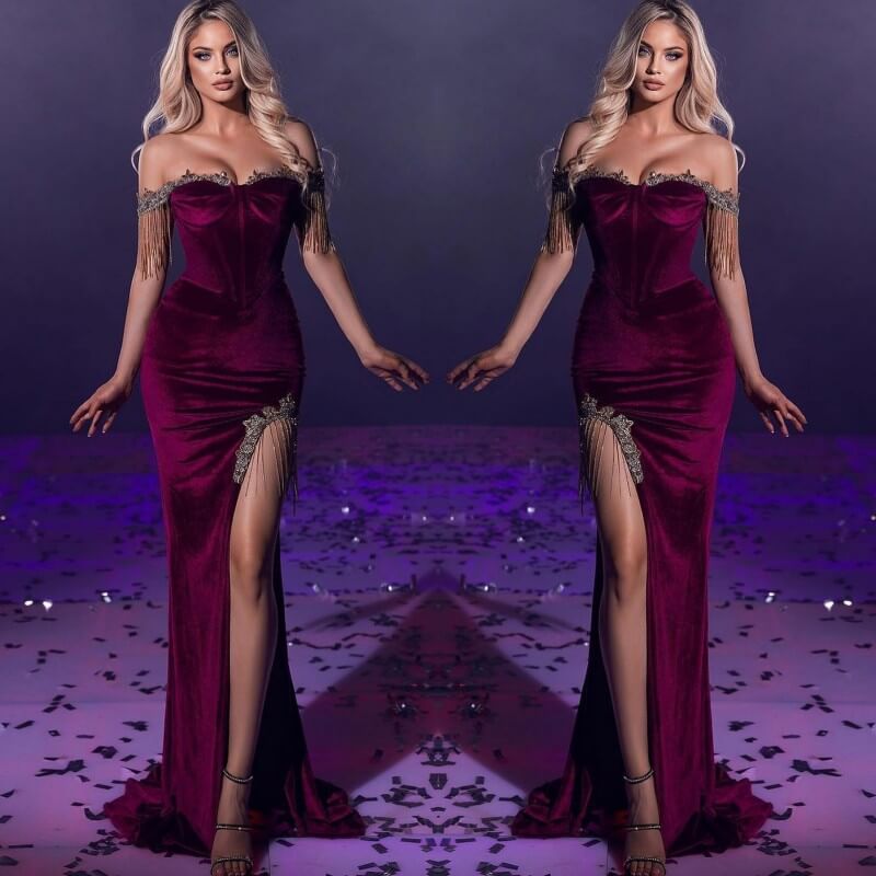 Glamorous Mermaid Slit Prom Dress Beads with Rhinstone Tassels Off-The-Shoulder-BallBride