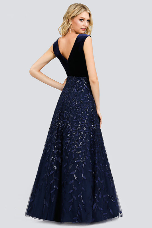 Glamorous Navy V-Neck Evening Dress with Leaves Appliques-BallBride