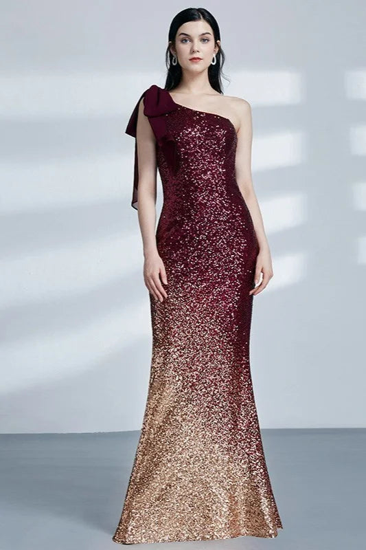 Glamorous Ombre Seuqins Prom Dresses Mermaid One Shoulder Evening Gowns-BallBride