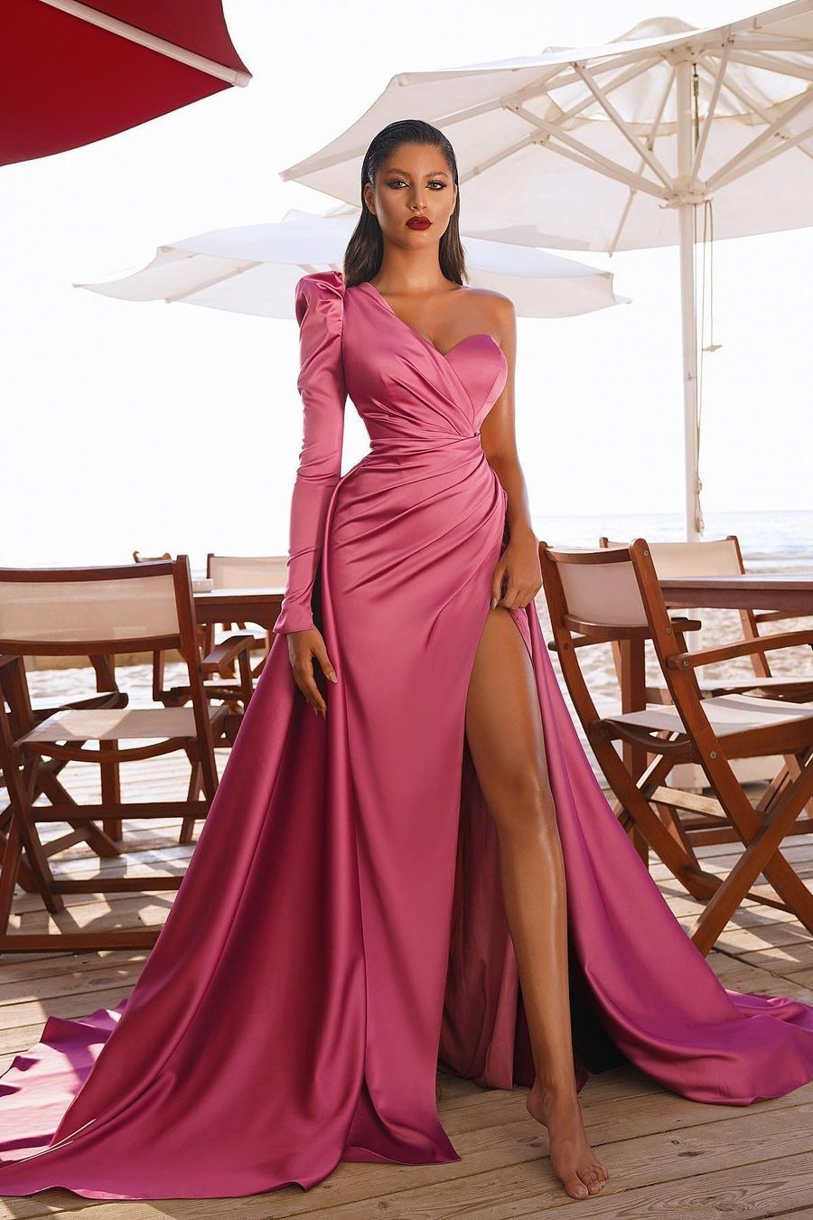 Glamorous One Shoulder Long Sleeves Prom Dress With Slit-BallBride