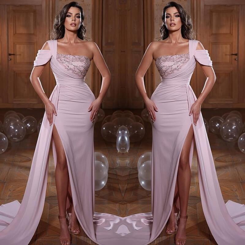 Glamorous One-Shoulder Mermaid Sequins Evening Dress with Slit Ruffles-BallBride
