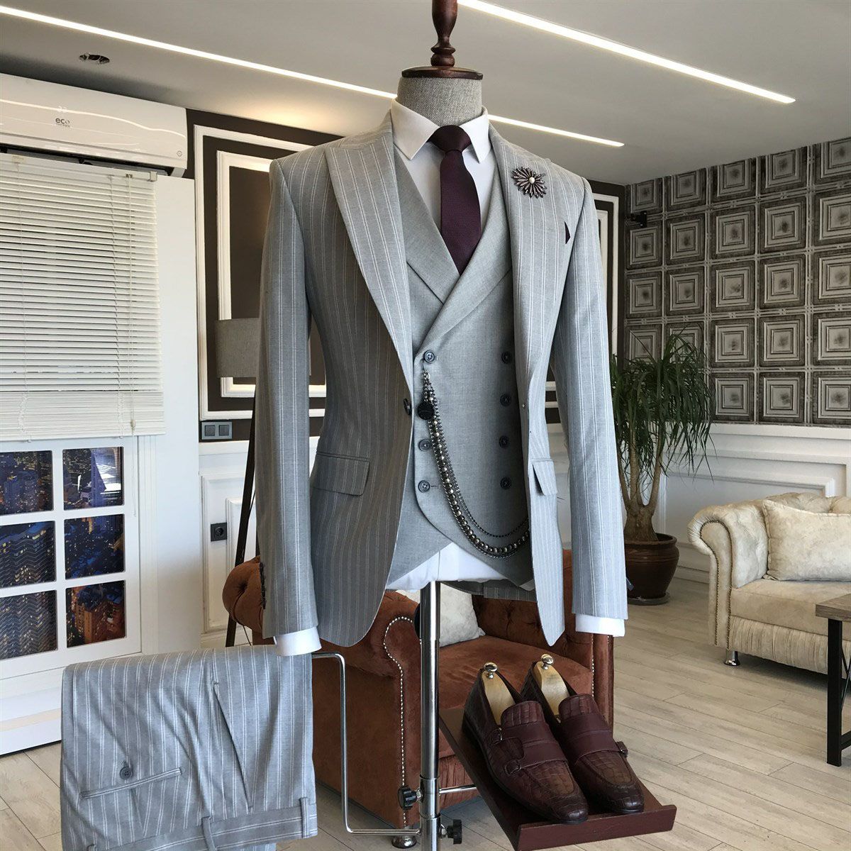 Glamorous Peaked Lapel Prince Suit for Wedding - Gray with 3-Piece Striped-BallBride