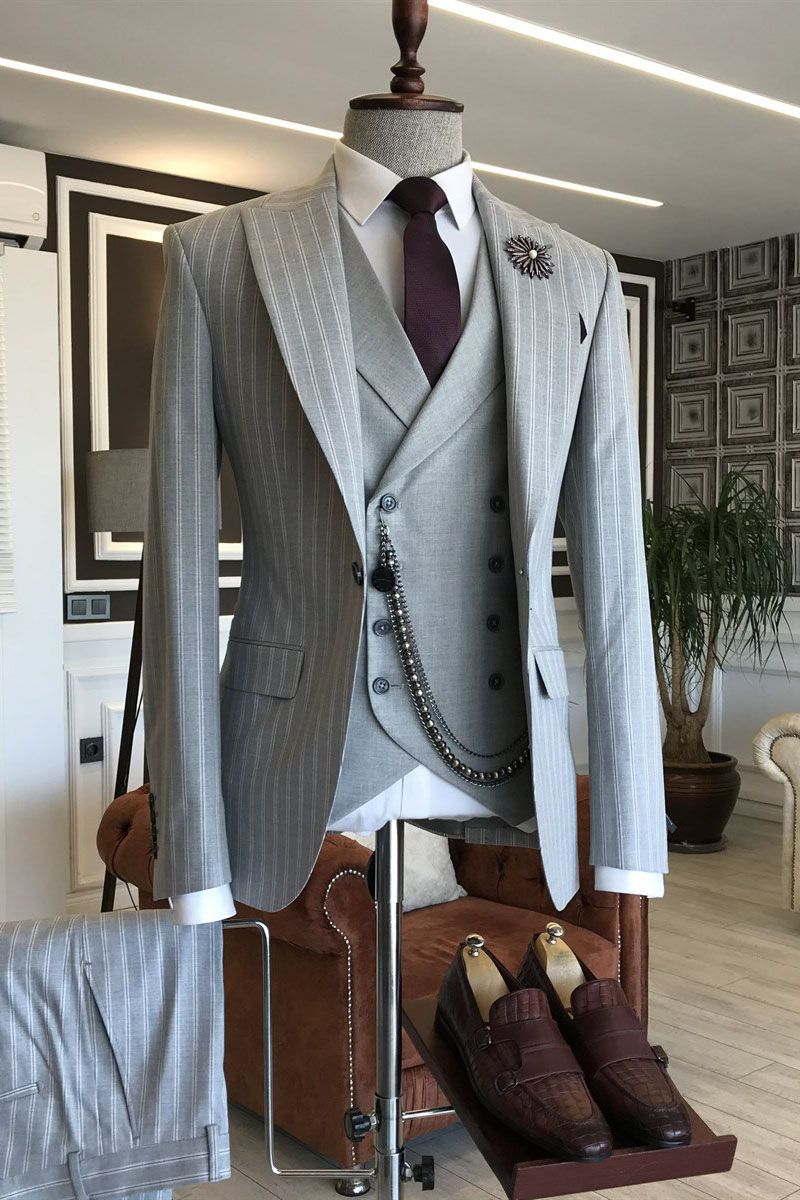 Glamorous Peaked Lapel Prince Suit for Wedding - Gray with 3-Piece Striped-BallBride