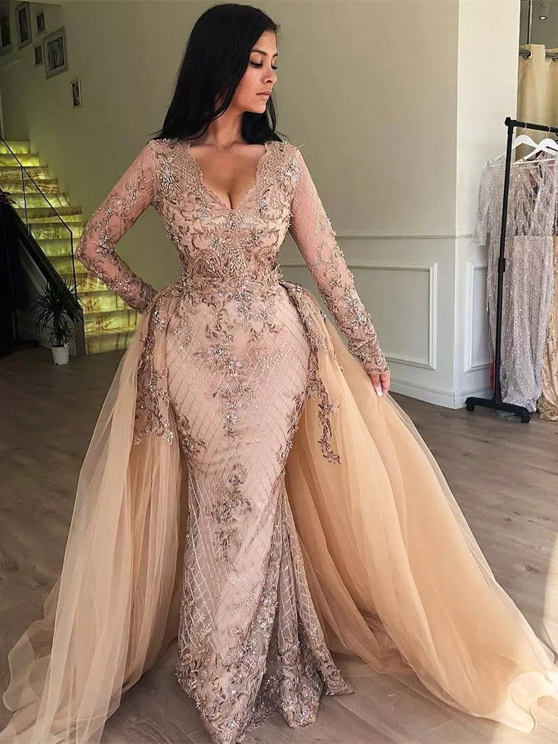Glamorous Pink Long Sleeve V-Neck Prom Dress with Overskirt-BallBride