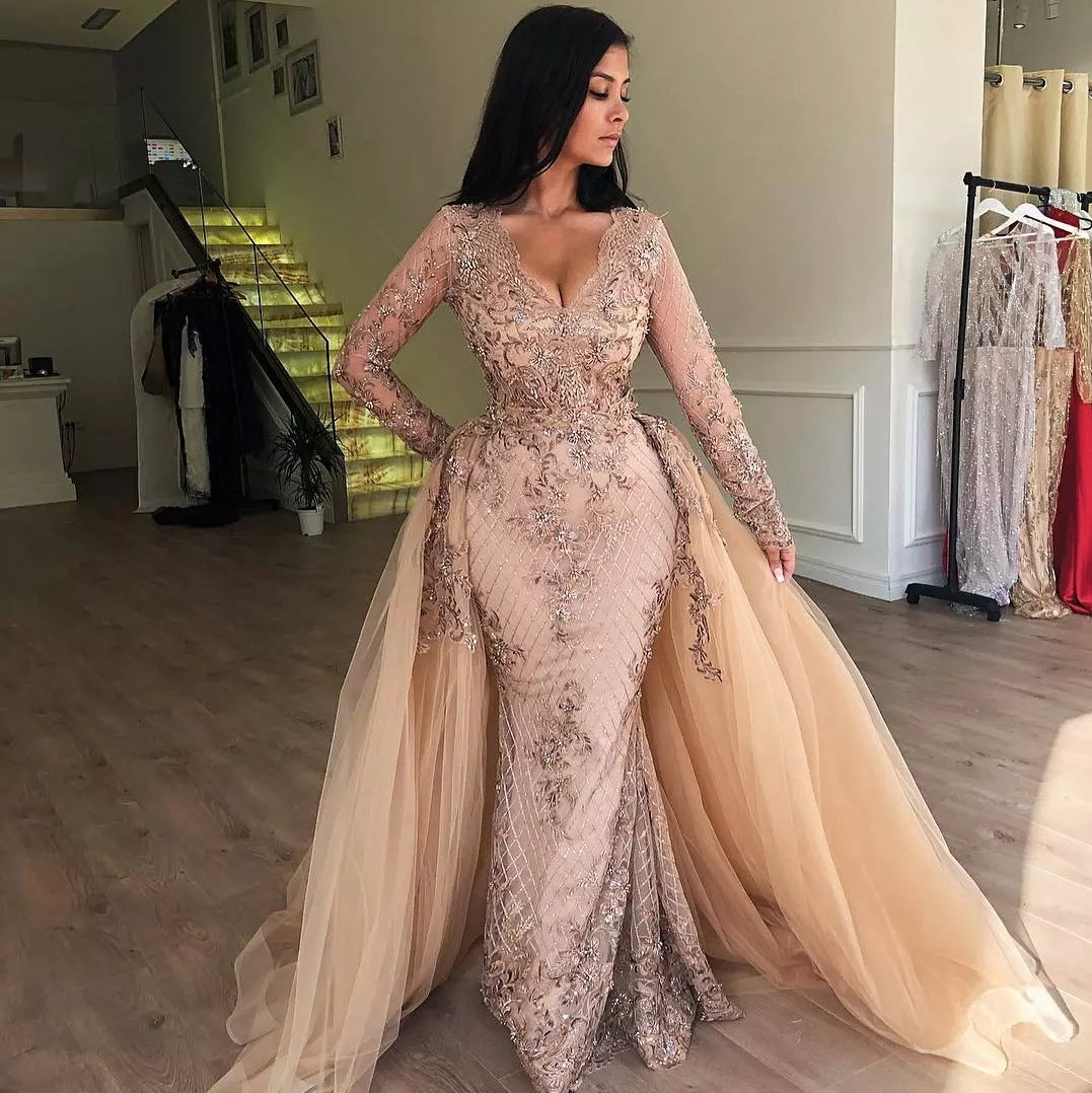 Glamorous Pink Long Sleeve V-Neck Prom Dress with Overskirt-BallBride