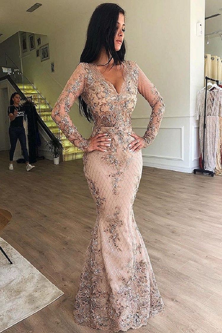 Glamorous Pink Long Sleeve V-Neck Prom Dress with Overskirt-BallBride