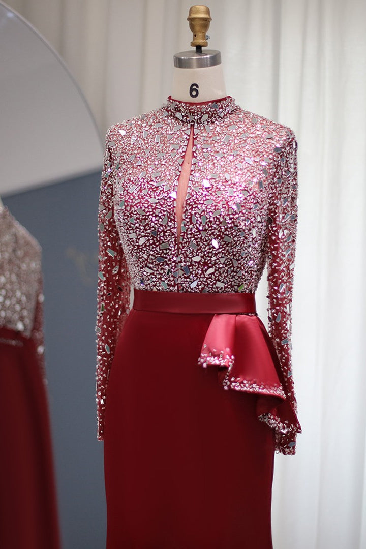 Glamorous Red Jewel Neck Mermaid Prom Dress with Sparkle Sequins and Long Sleeves-BallBride
