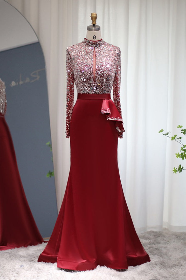 Glamorous Red Jewel Neck Mermaid Prom Dress with Sparkle Sequins and Long Sleeves-BallBride