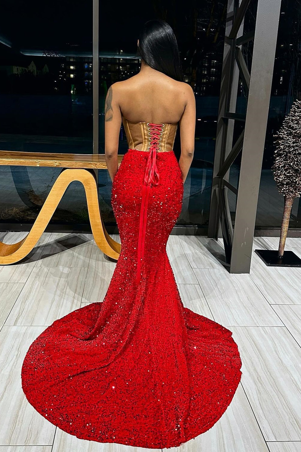Glamorous Red Mermaid Strapless Sequins Appliques Prom Dress-BallBride