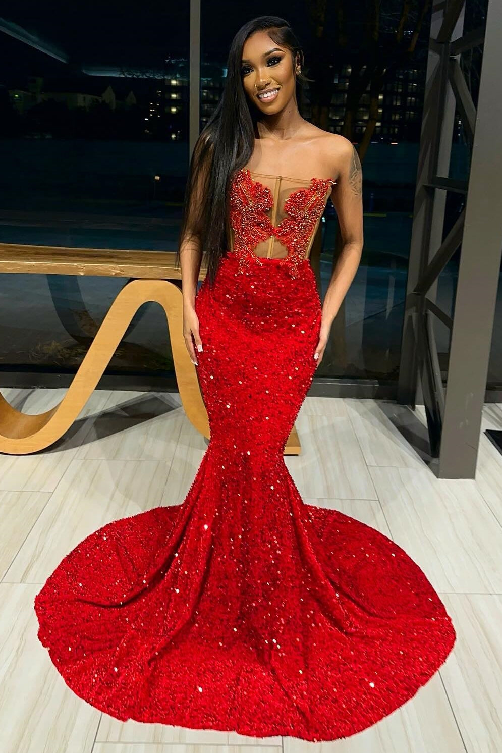 Glamorous Red Mermaid Strapless Sequins Appliques Prom Dress-BallBride