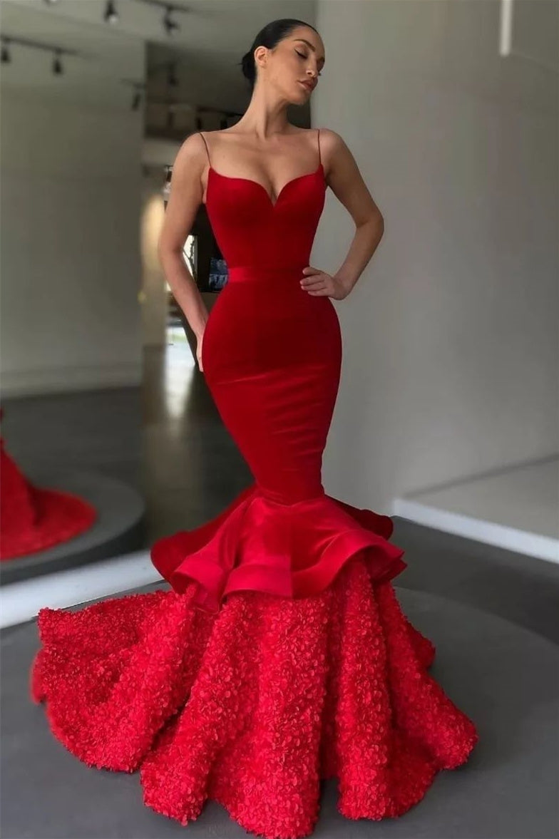 Glamorous Red Spaghetti Straps Mermaid Tiered Prom Dress-BallBride