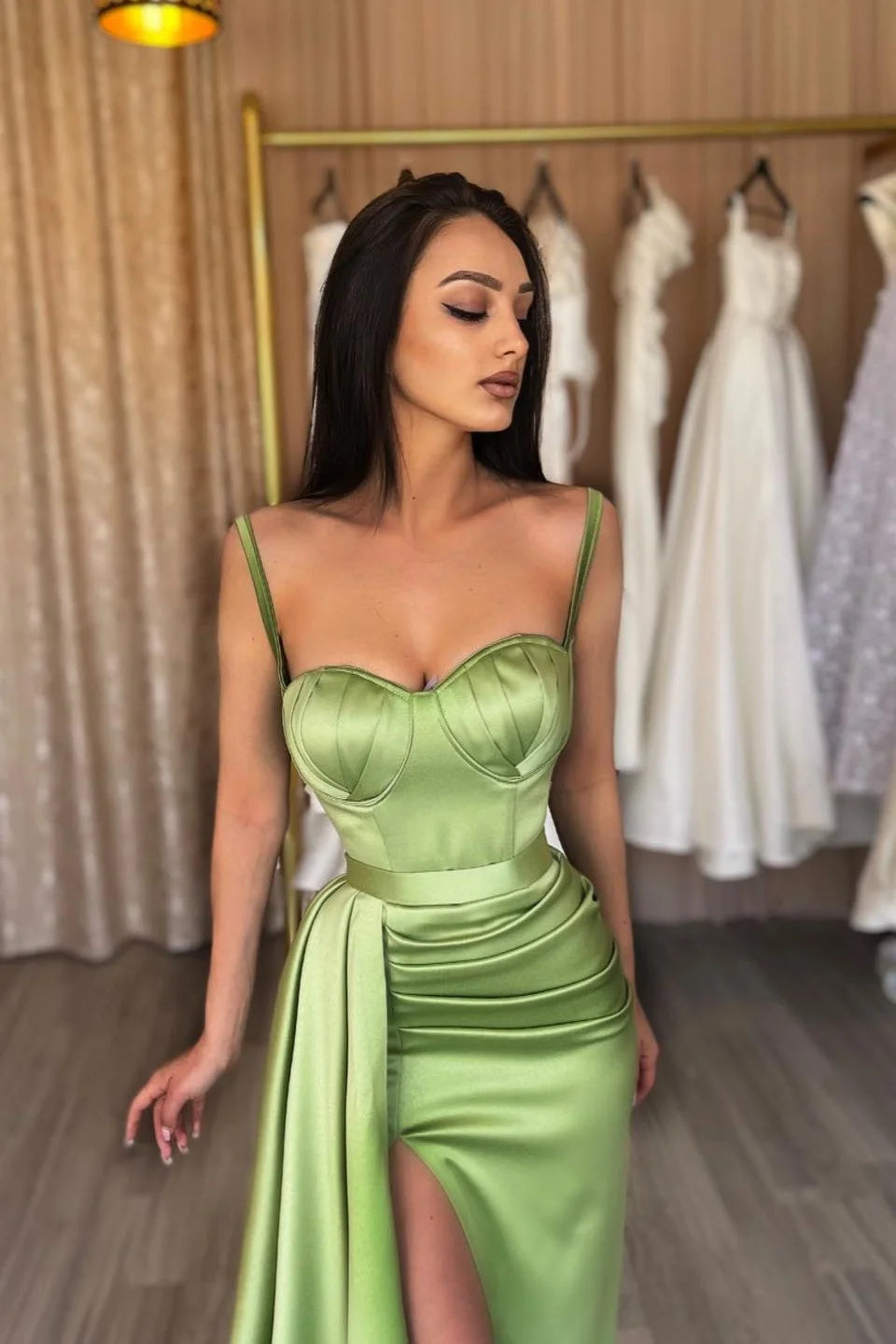 Glamorous Sage Green Spaghetti-Strals Mermaid Evening Dress Slit With Ruffles-BallBride