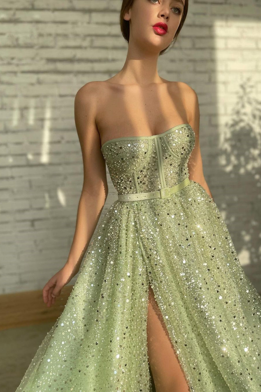 Glamorous Sage Green Strapless Prom Dress with Long Split & Sequins Beads-BallBride