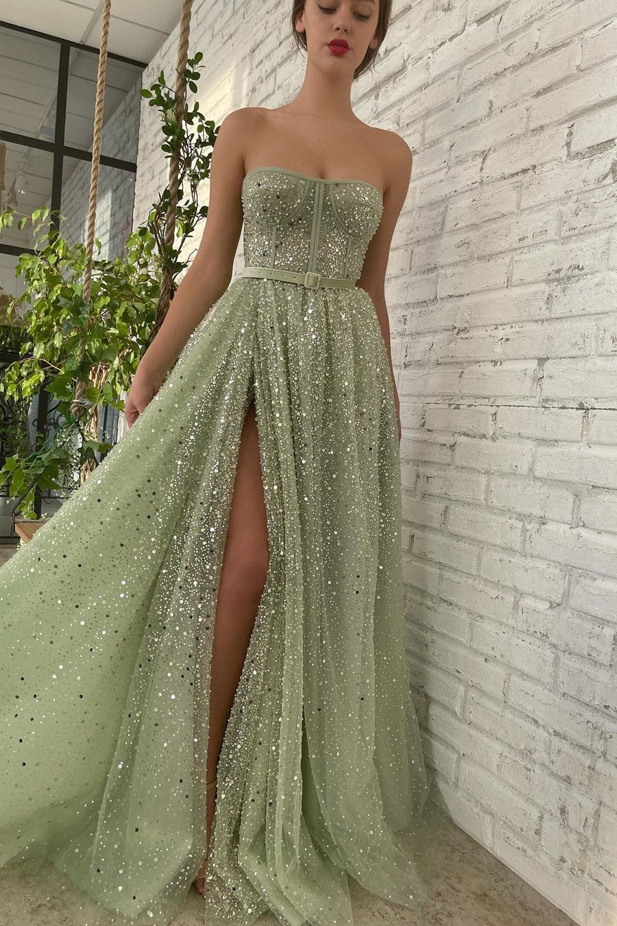 Glamorous Sage Green Strapless Prom Dress with Long Split & Sequins Beads-BallBride
