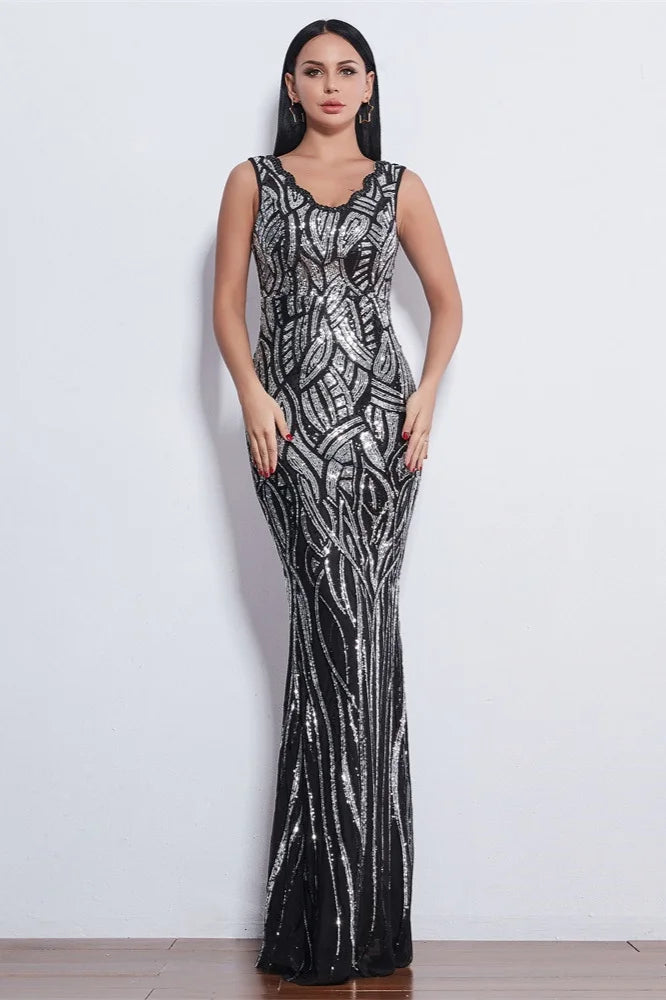 Glamorous Sequins V-Neck Mermaid Evening Party Gowns Long Prom Dress Online-BallBride