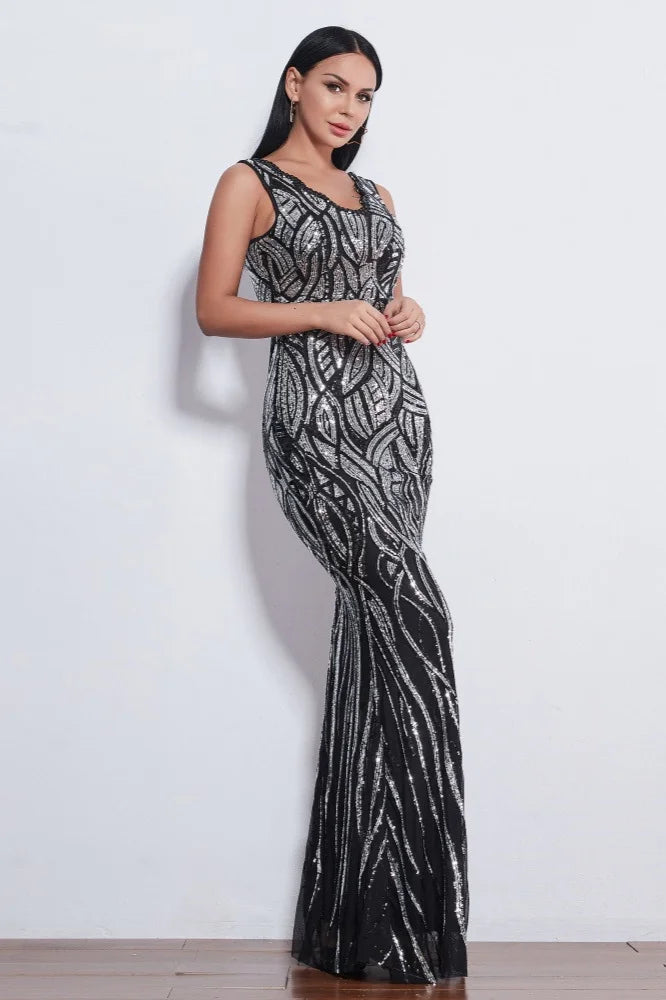 Glamorous Sequins V-Neck Mermaid Evening Party Gowns Long Prom Dress Online-BallBride