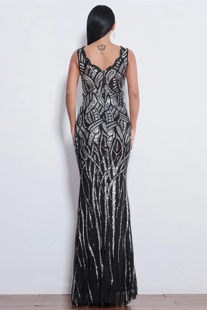 Glamorous Sequins V-Neck Mermaid Evening Party Gowns Long Prom Dress Online-BallBride