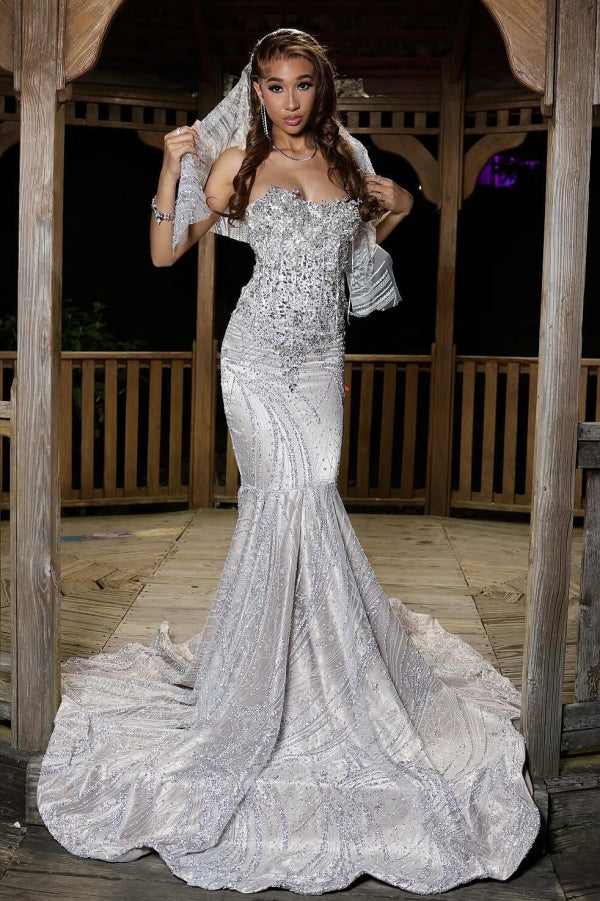 Glamorous Silver Strapless Mermaid Crystal Prom Dress-BallBride