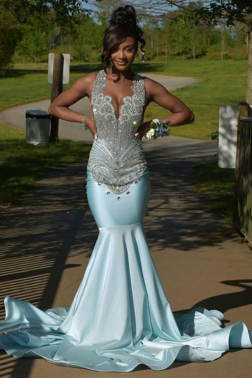 Glamorous Sky Blue Crystal Mermaid Sleeveless V-Neck Prom Dress-BallBride