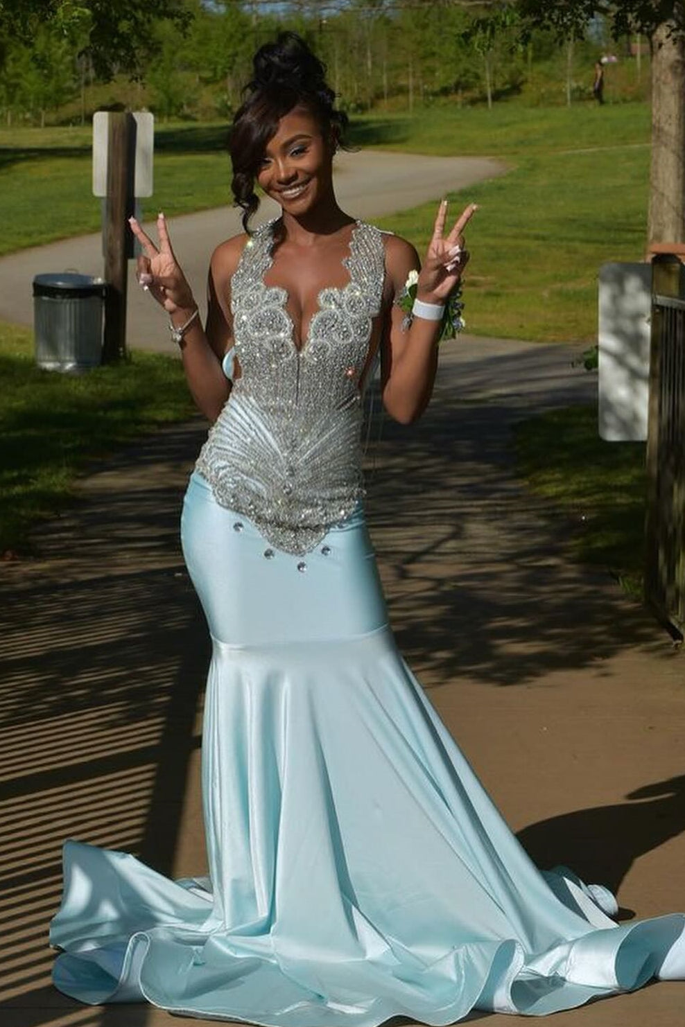 Glamorous Sky Blue Crystal Mermaid Sleeveless V-Neck Prom Dress-BallBride