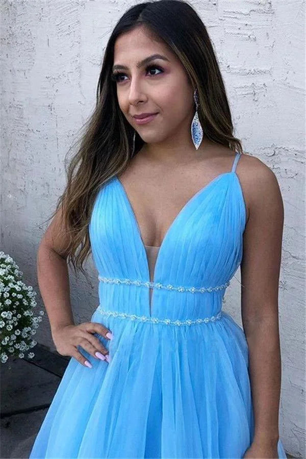 Glamorous Sky Blue Spaghetti-Straps Tulle Long Evening Dress-BallBride