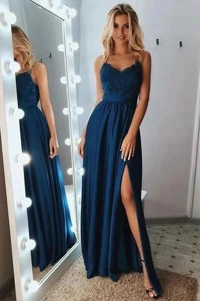 Glamorous Spaghetti-Straps Evening Dress Lace Appliques With Split-BallBride