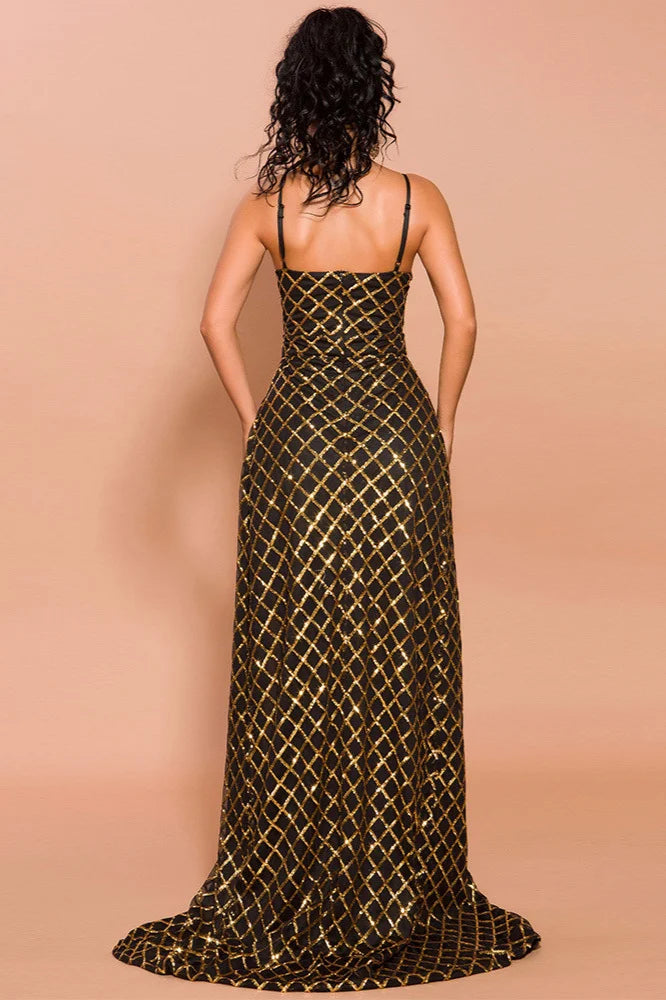 Glamorous Spaghetti-Straps Gold Prom Dress Long Evening Gowns With Overskirt-BallBride